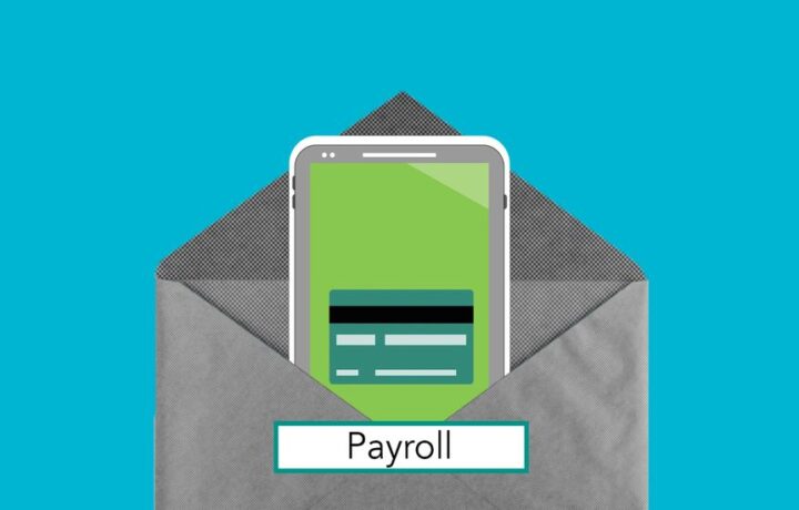 Decorative cardboard illustration of cellphone with application on screen in envelope with Payroll inscription on blue background