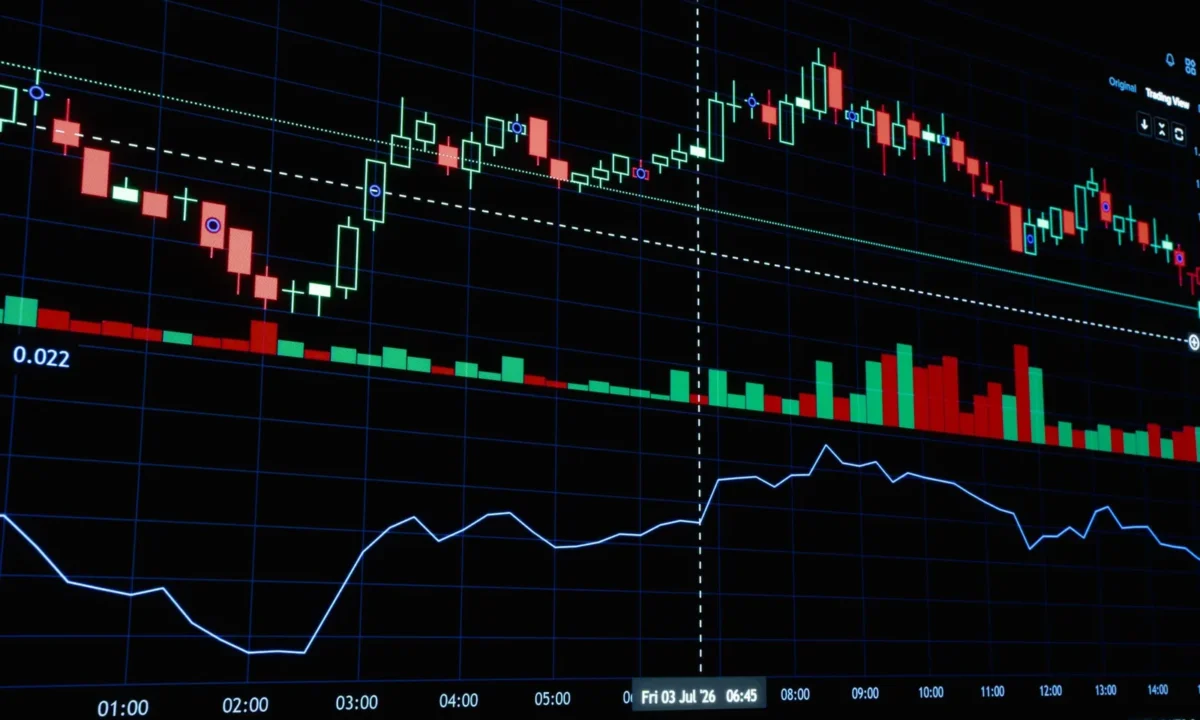 Gráfico de velas do mercado financeiro em destaque, ilustrando a inteligência artificial para previsão de demanda