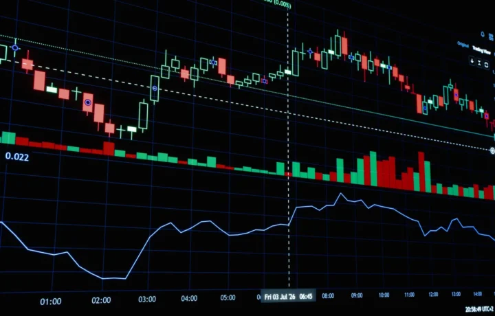 Gráfico de velas do mercado financeiro em destaque, ilustrando a inteligência artificial para previsão de demanda