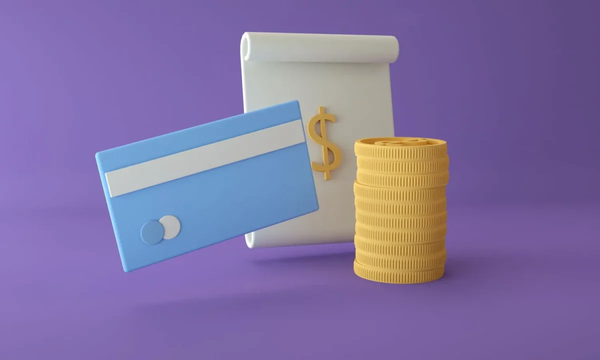 Ilustração 3D de um cartão de crédito, moedas e símbolo de dólar em fundo roxo, representando retentativa inteligente
