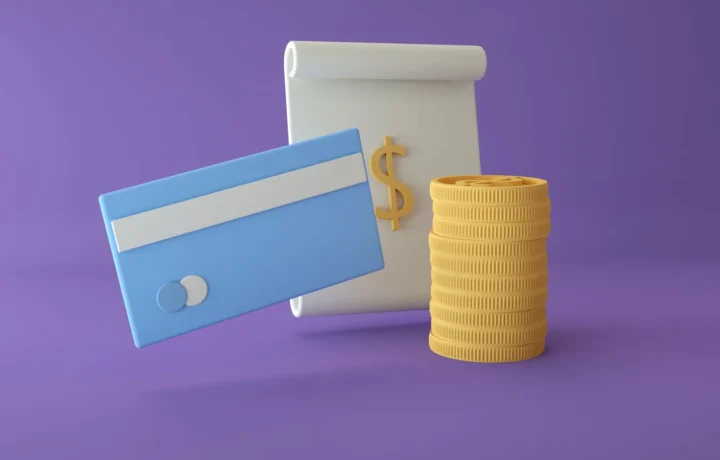 Ilustração 3D de um cartão de crédito, moedas e símbolo de dólar em fundo roxo, representando retentativa inteligente